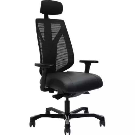 Picture of SERATI MESH HIGH BACK CHAIR BODY-WEIGHT SYNCHRO 2-D HEADREST ADJUSTABLE ARMRESTS BLACK ALUMINIUM BASE POLISHED FOOTPLATE NEO BLACK LEATHER